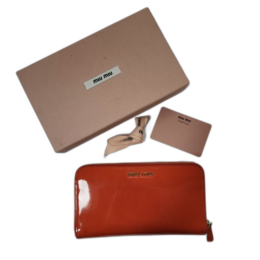 MIU MIU Orange Zip Signature Patent Leather Bow Long Wallet and Box